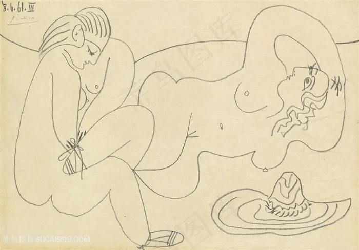 毕加索唯美线描裸体艺术挂画