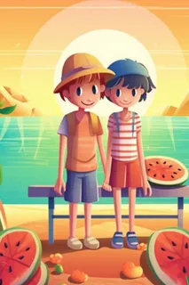 夕阳儿童朋友西瓜玩耍插画背景 夕阳儿童朋友西瓜玩耍插画背景