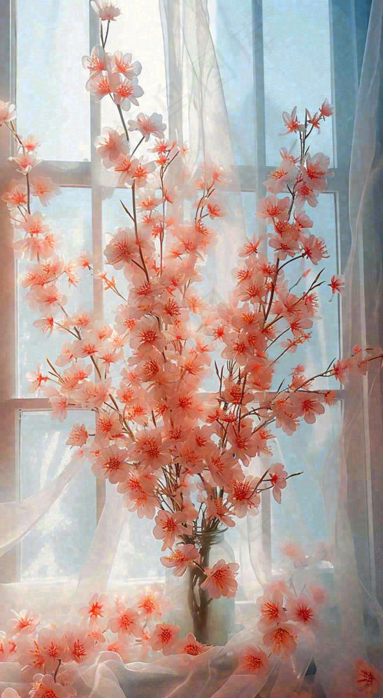 春天窗台花瓶粉色鲜花花束，春分(816x1488)