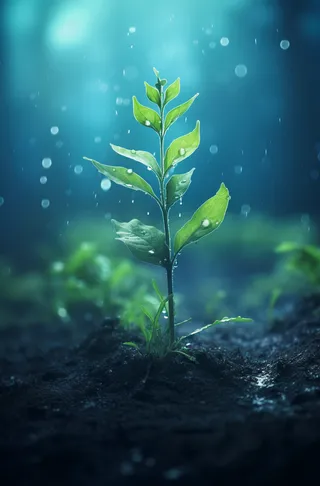 春天雨水洒在嫩绿的幼苗上摄影图