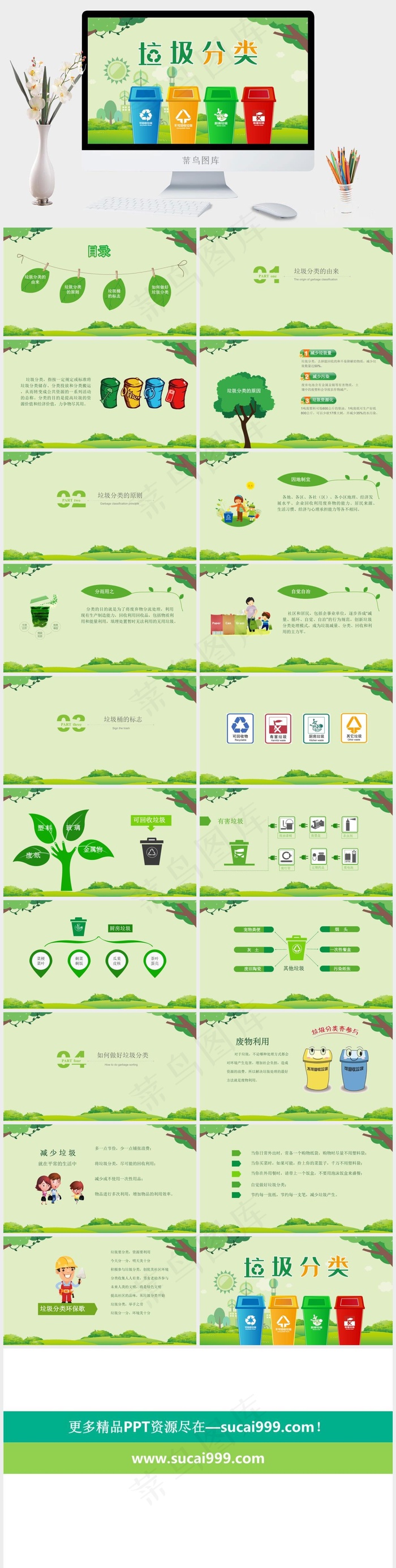绿色卡通垃圾分类主题班会演讲PPT模板