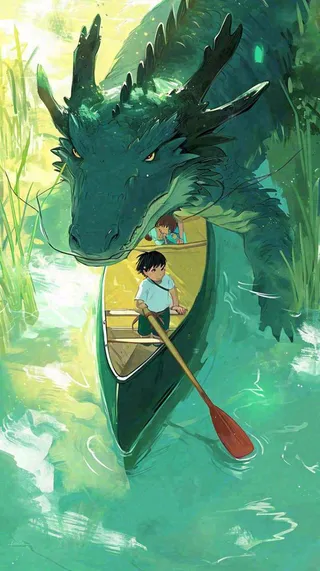 古风河面龙传统手绘插画，中国风漫画