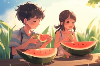 夏日卡通插画儿童吃西瓜动漫风背景