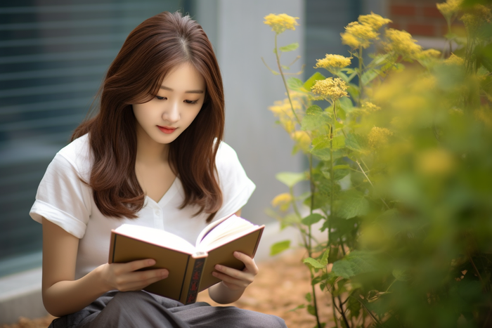 一位女生坐着家门口看书摄影图