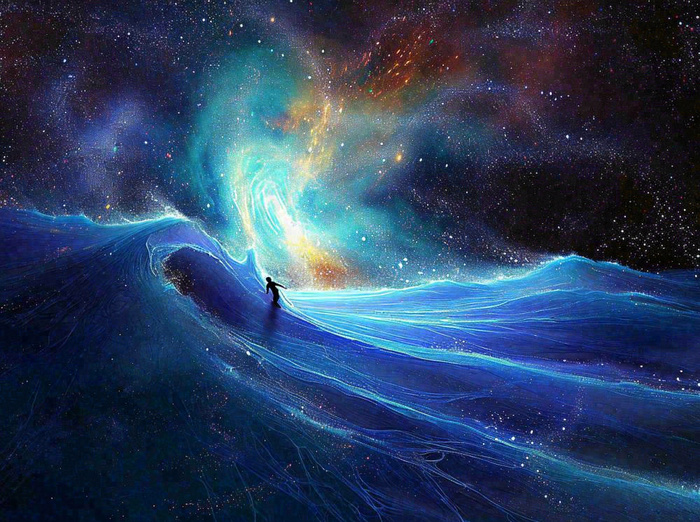 夜晚天空科幻绚丽星空下的人，暗黑天蓝