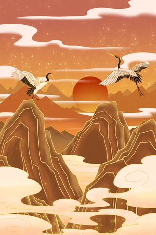 中国风国潮烫金仙鹤山水古建筑风景装饰插画背景PSD分层设计素材