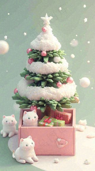 冬天圣诞树有小猫可爱，雪球雪花圣诞节