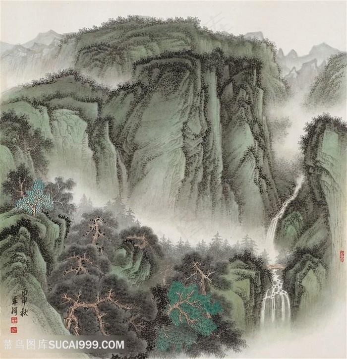 青绿山水27幽壑飞瀑王军河绘国画图片