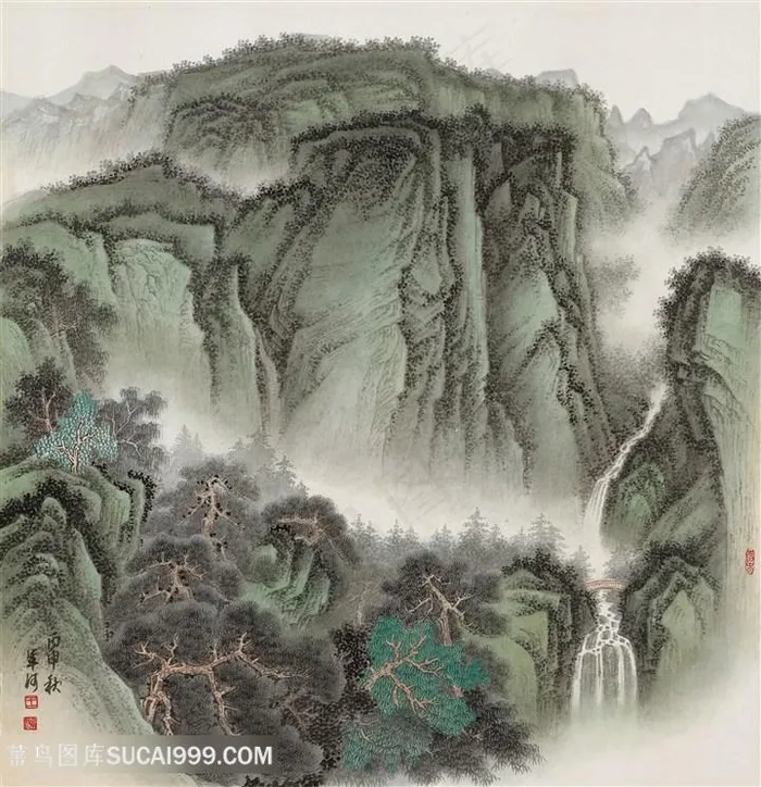 青绿山水27幽壑飞瀑王军河绘国画图片