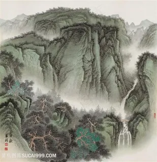 青绿山水27幽壑飞瀑王军河绘国画图片 青绿山水27幽壑飞瀑王军河绘国画图片