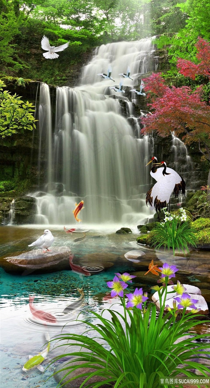 流水生财风景字画高清分辨率喷绘打印办公室挂画素材山水花草