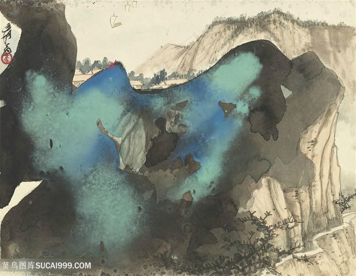 张大千手绘水墨山脉巍峨山脉装饰画