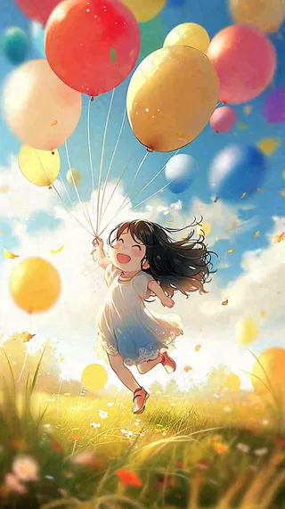 一个可爱的小女孩手里牵着彩色气球在草地上奔跑夏天，儿童节
