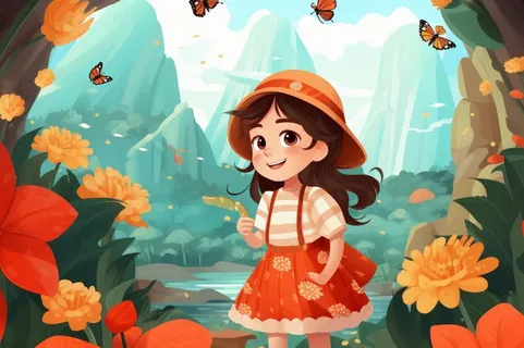 清新花草女孩蝴蝶插画背景