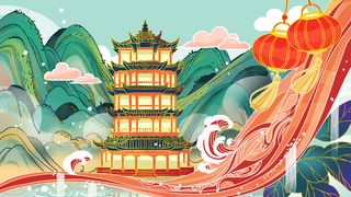 中国风国潮古建筑地标城市古风建筑阁楼印象地标手绘插画PSD素材