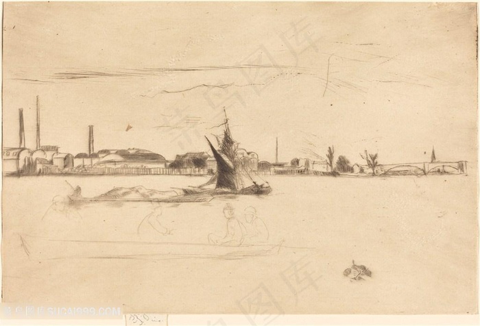 惠斯勒素描湖畔美景