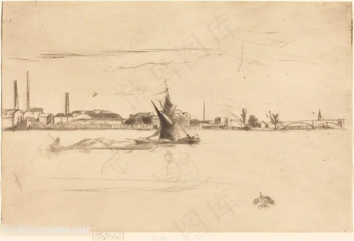 惠斯勒素描湖畔美景