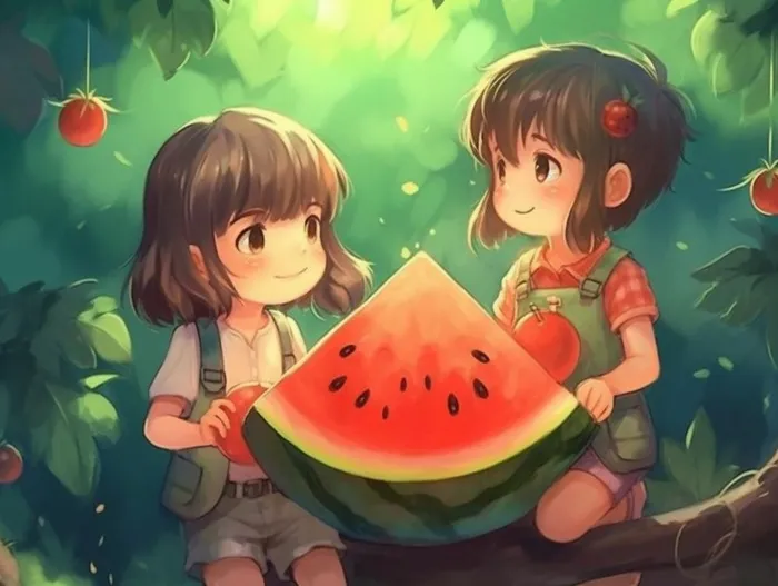 夏日卡通插画儿童吃西瓜动漫风背景(1232x928)