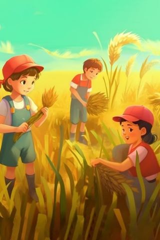 秋季丰收拿着麦穗的人金色插画背景