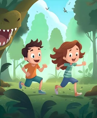 恐龙儿童大自然森林奔跑插画海报素材背景