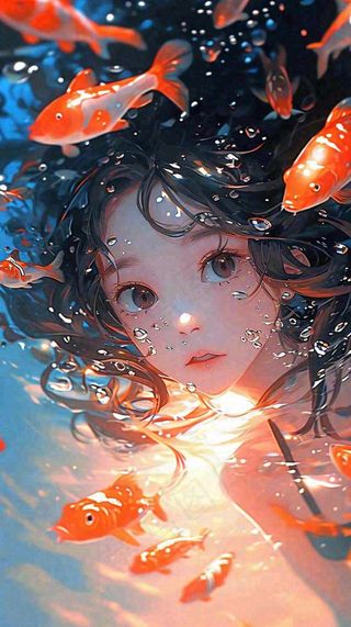 阳光水底光照游泳长发美人，鱼类金鱼，水气泡