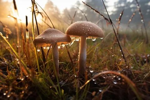 草原蘑菇清晨露珠阳光朝阳摄影海报素材背景