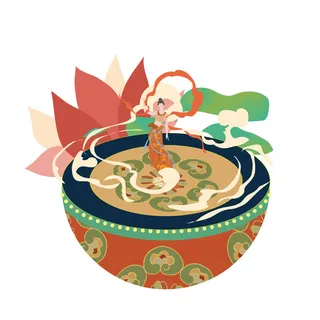 时尚微景观山水装饰庭院祥云中式国潮风插图插画元素素材设计模板