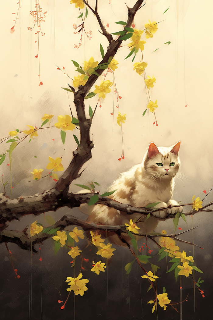 猫咪爬到树上玩耍树枝开出黄色花朵卡通插画素材