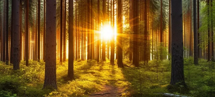 阳光透过森林里的间隙露出来的光晕光影摄影图