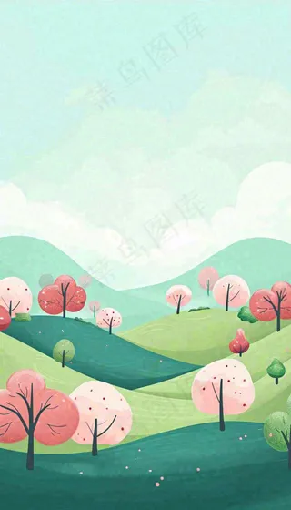春天卡通手绘绿色的山景和开满粉红色画的树，春游，踏青，春分