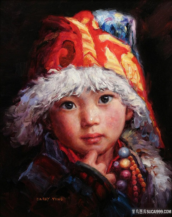 戴帽子男孩肖像艺术油画