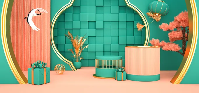 中国风国潮电商促销首页海报C4D背景图3D场景立体设计PSD素材模板