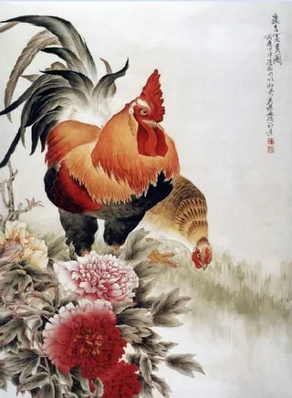 油画鸡群风景背景墙