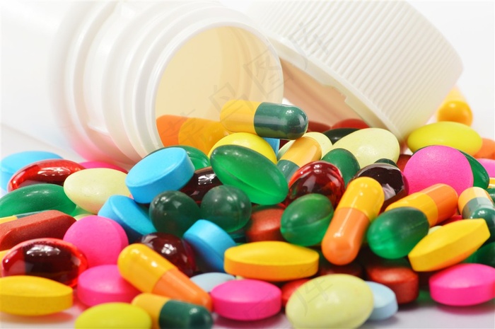 药瓶与五彩斑斓药品等摄影高清图片