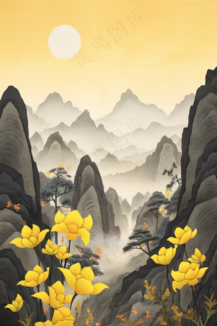 秋日山水黄花中国风重阳插画背景(x)