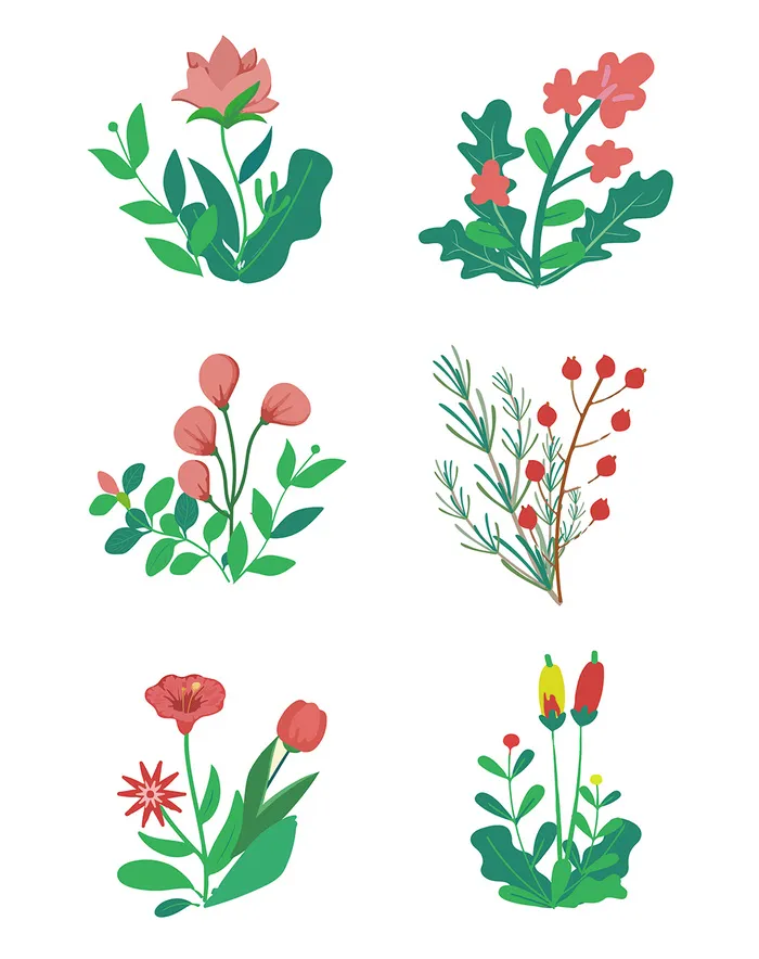 免抠清新春季绿色花草植物插画元素
