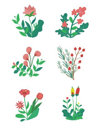 免抠清新春季绿色花草植物插画元素