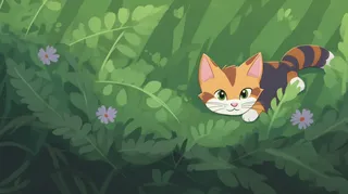 绿色草丛树叶里猫咪卡通插画