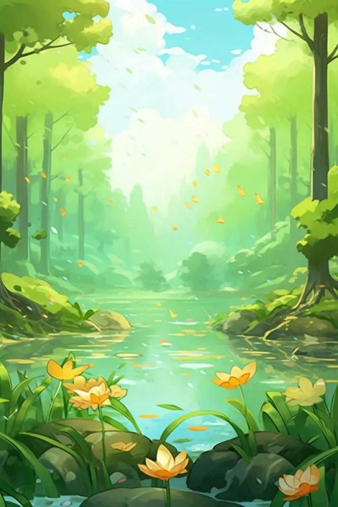 绿色荷花池温馨插画背景(896x1344)