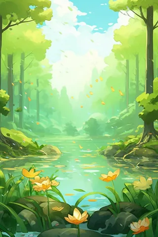 绿色荷花池温馨插画背景