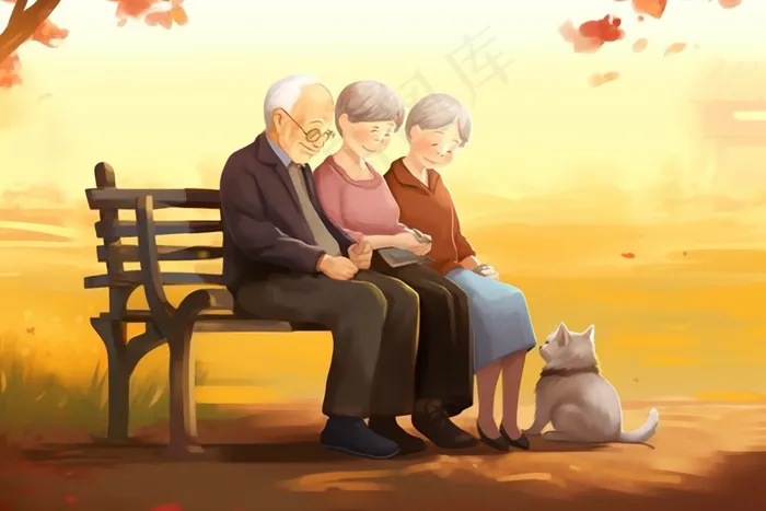 夕阳下老人们做长椅上猫咪重阳插画素材背景 (x)