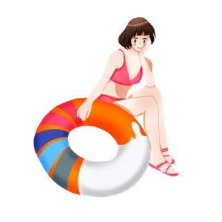 女孩抱着游泳圈晒太阳