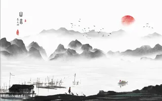 中式禅意山水画背景墙售楼部展馆展厅文化墙