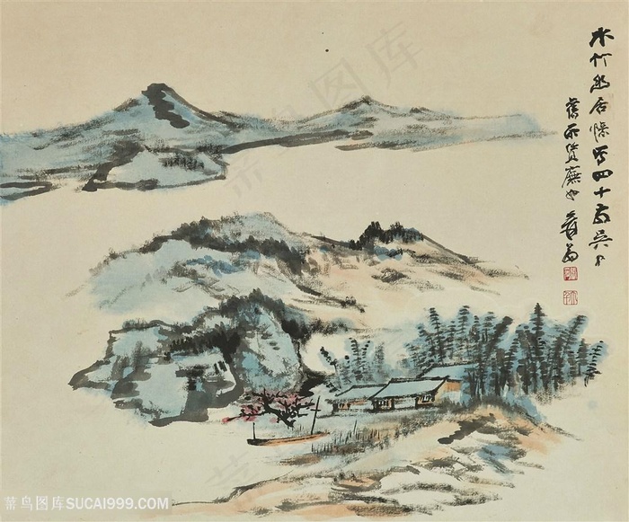 张大千手绘水墨山脉装饰画