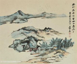 张大千手绘水墨山脉装饰画