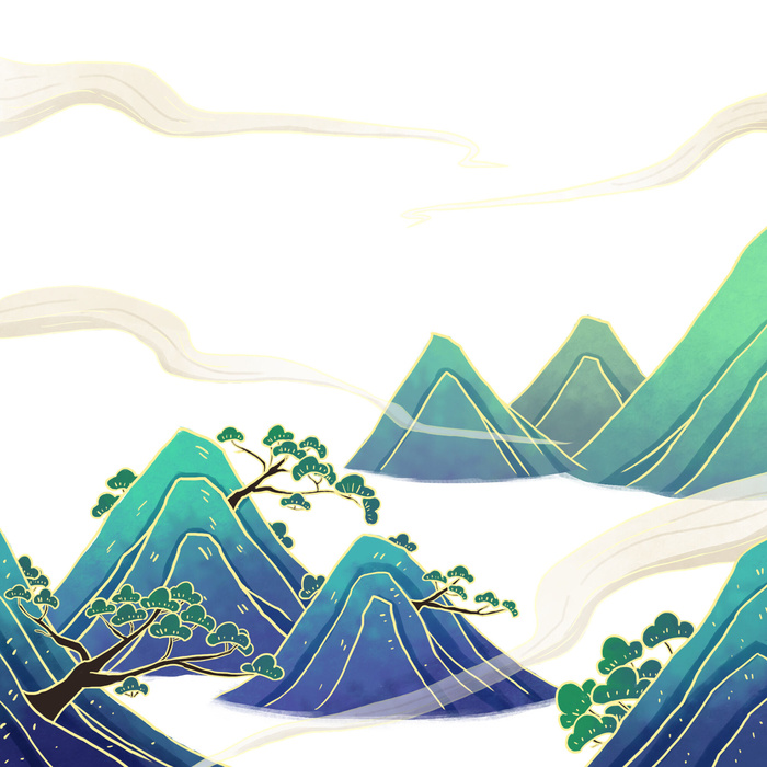 中国风国潮山水插画祥云中式手绘烫金线条元素png装饰背景PSD素材