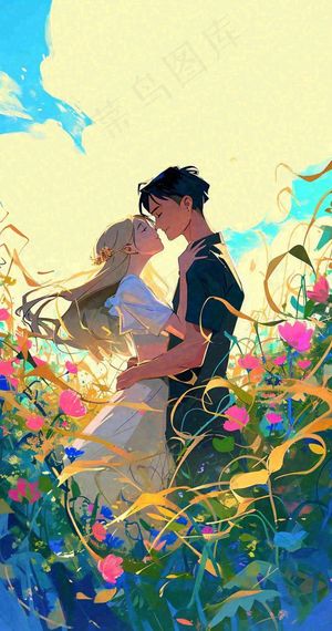 蓝天白云下情侣拥抱亲吻爱情，鲜花小草，情清新人节