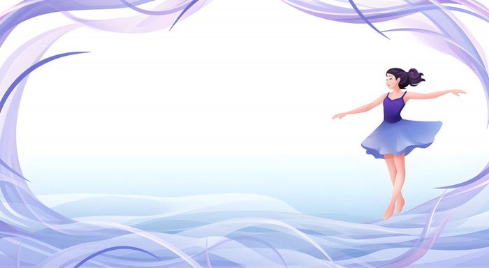 舞蹈穿紫裙子的女孩满是紫色飘带的背景