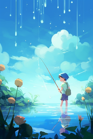 夏日插画男孩在河流湖泊钓鱼背景