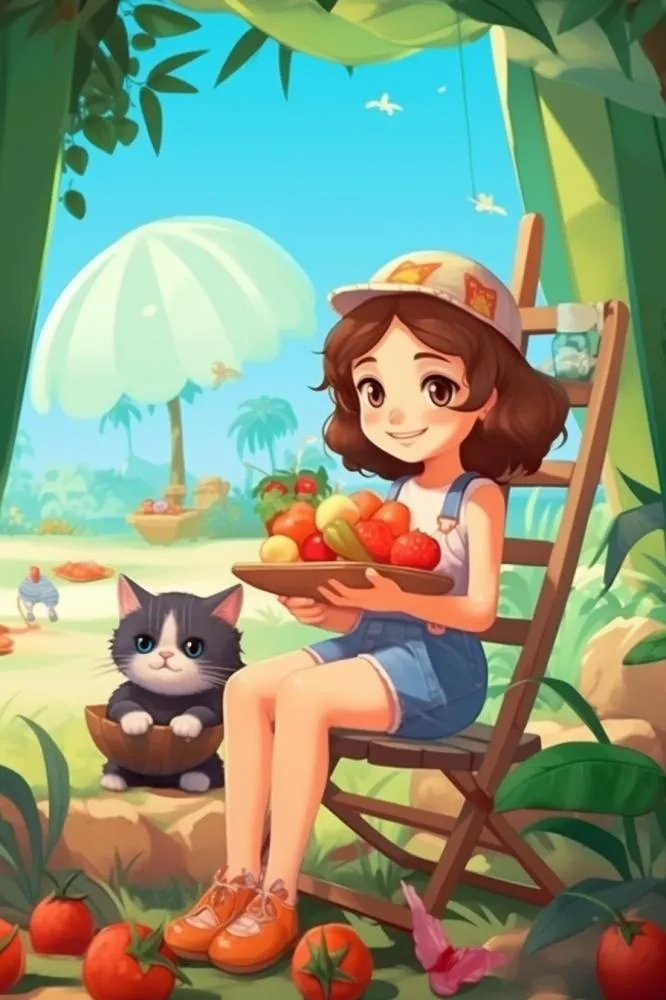 夏日清新女孩吃水果小猫背景(896x1344)